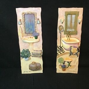 2 Vintage C. Winterle Olson Signed 3D Ceramic Bathroom Wall Art Tile Plaque.